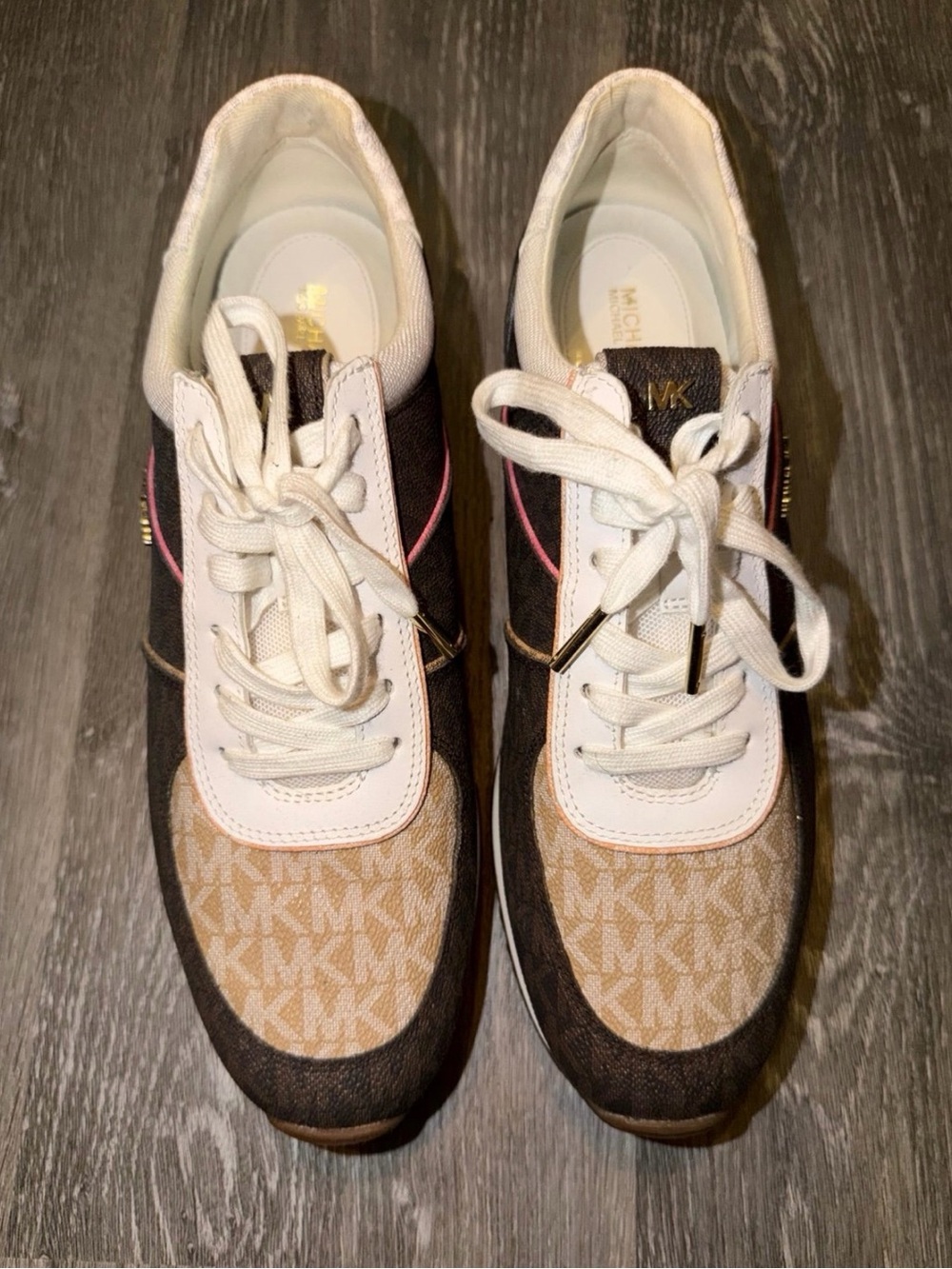 Michael Kors Brown Beige White Logo Lace-Up Sneakers with Pink Trim